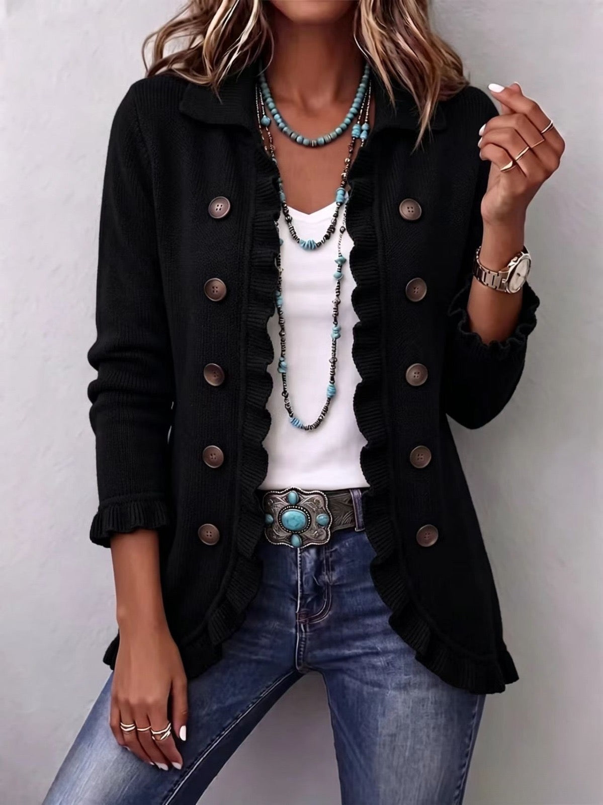 Elvira | Chaqueta de Punto Negra con Volante