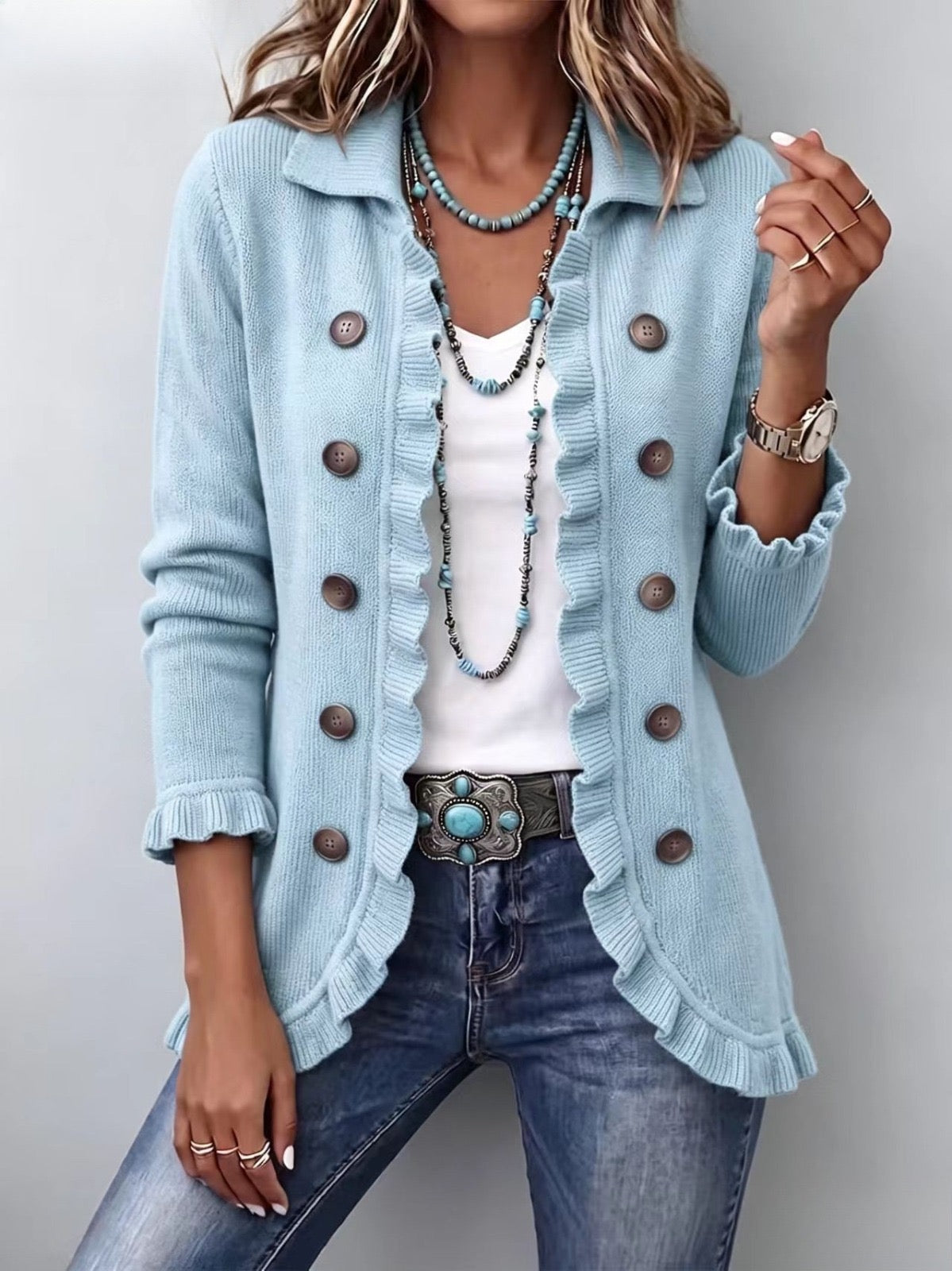 Consolata | Chaqueta de Punto Celeste Empolvado con Volante
