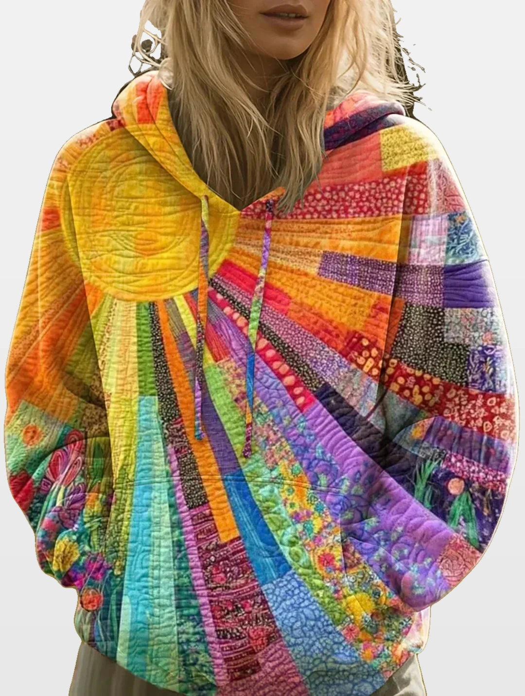Aurora | Sudadera de felpa patchwork multicolor con capucha